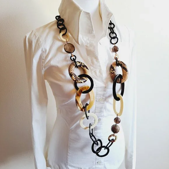 AMLE Italian Python Snakeskin Long Chain Horn Necklace - Picture 3 of 16